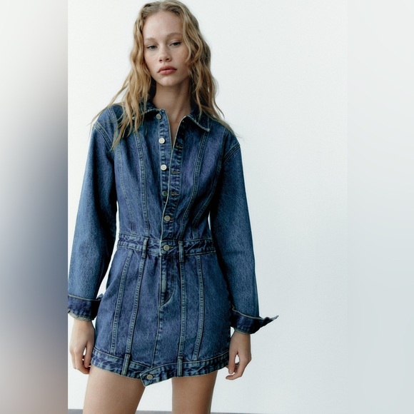 Zara Dresses & Skirts - ZARA Long sleeve jean dress jacket style dark denim Mini women’s Size Small